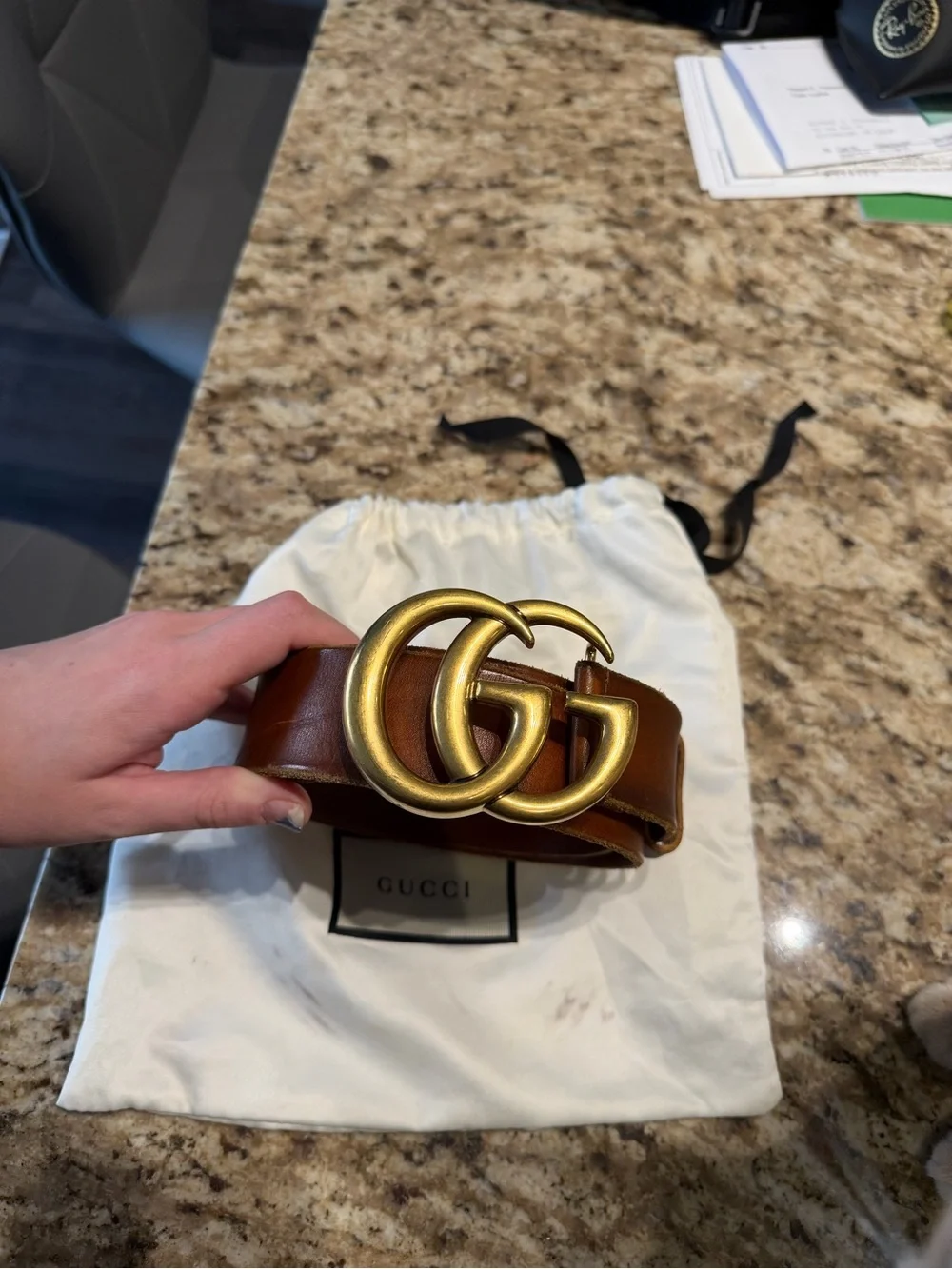 Gucci Brown Leather Belt with Gold Double G Buckle